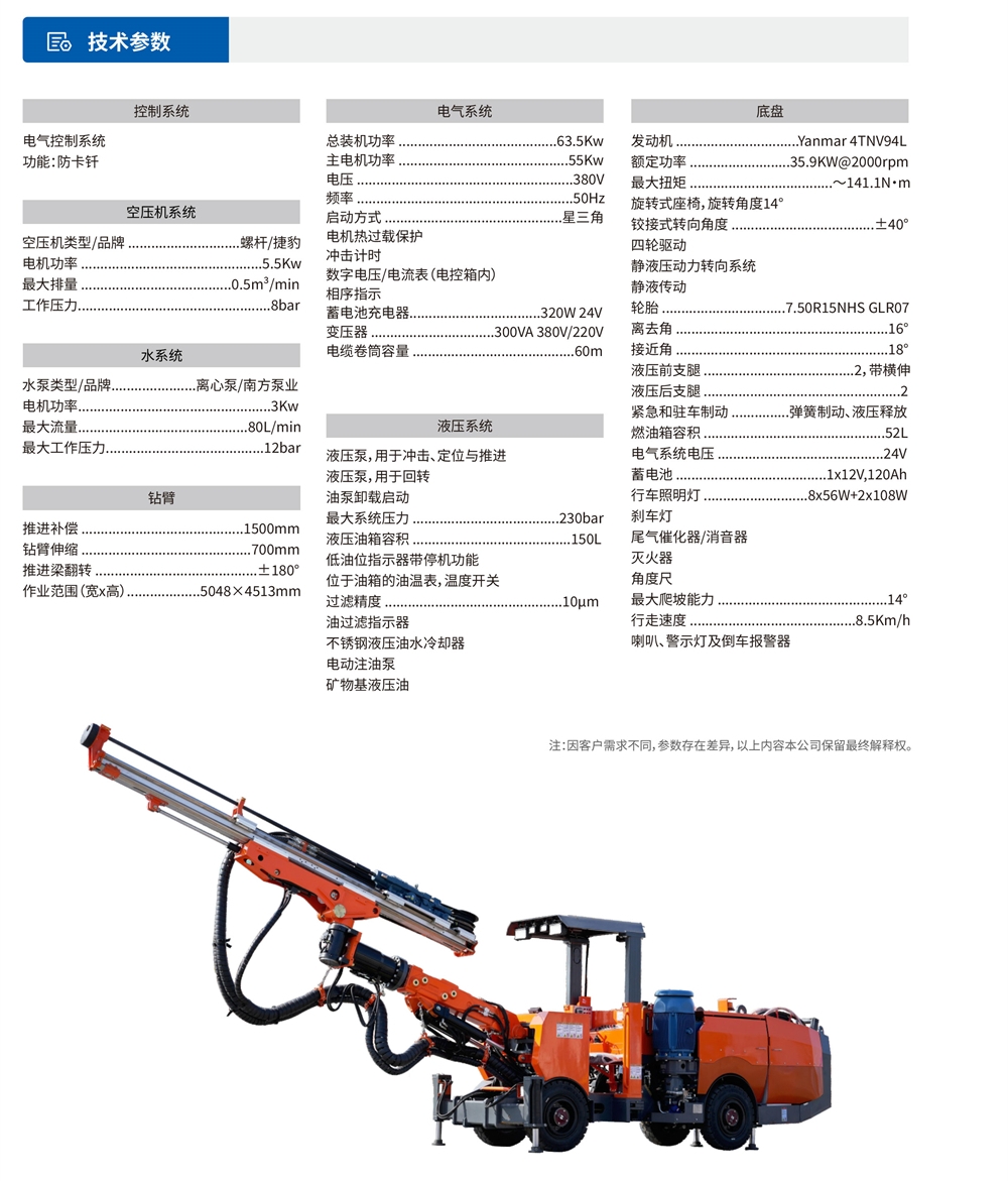 矿用液压掘进钻车技术参数